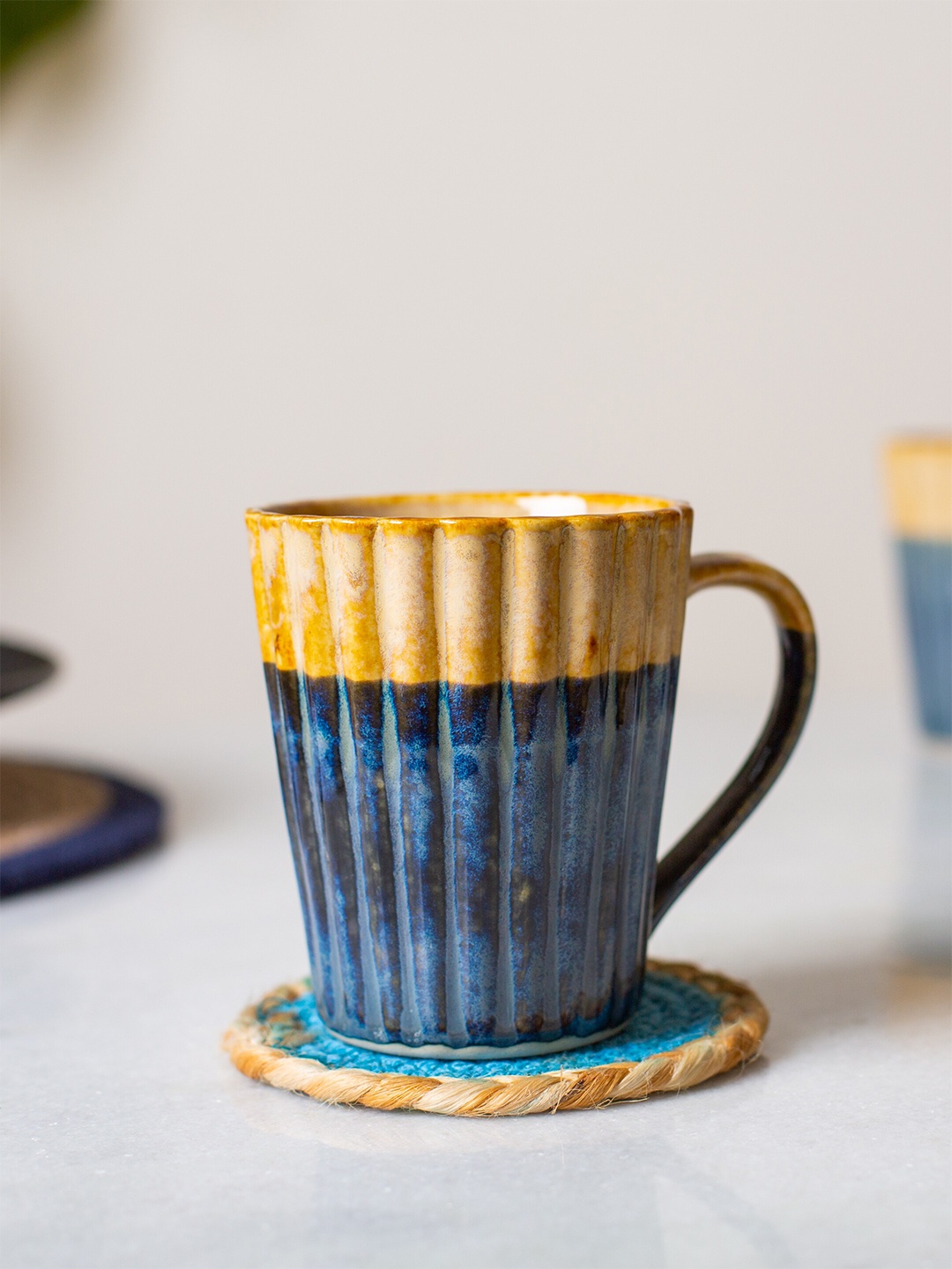 

JASMEY HOMES Blue & Beige Set of 2 Textured Ceramic Glossy Mugs