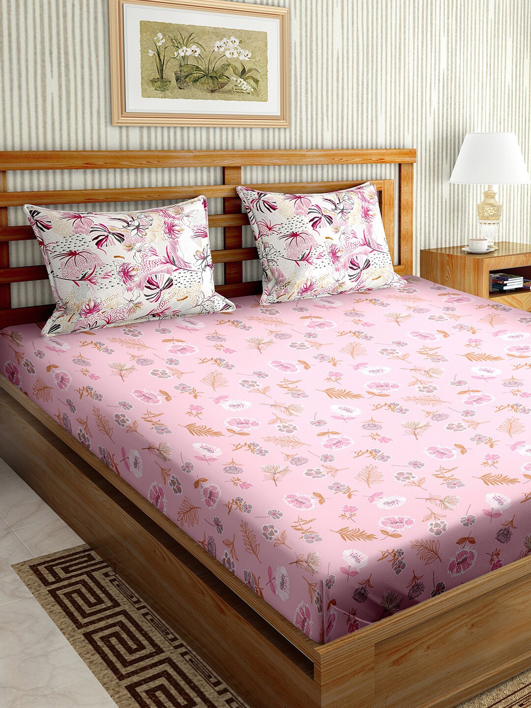 

BELLA CASA Pink & White Printed 180 TC Pure Cotton Double Bedsheet With 2 Pillow Cover