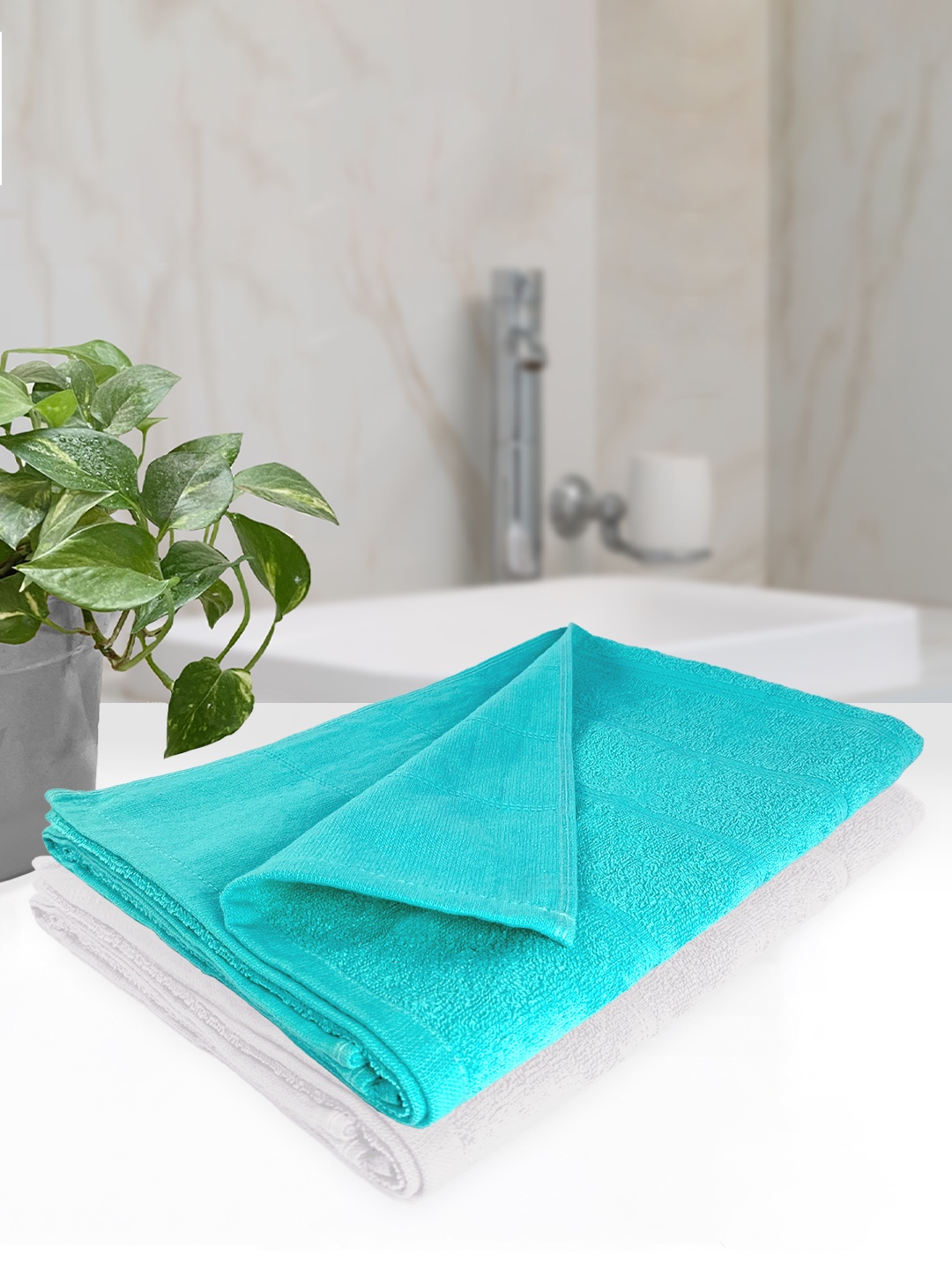

Heelium Set of 2 Teal & White Solid 250 GSM Bath Towels