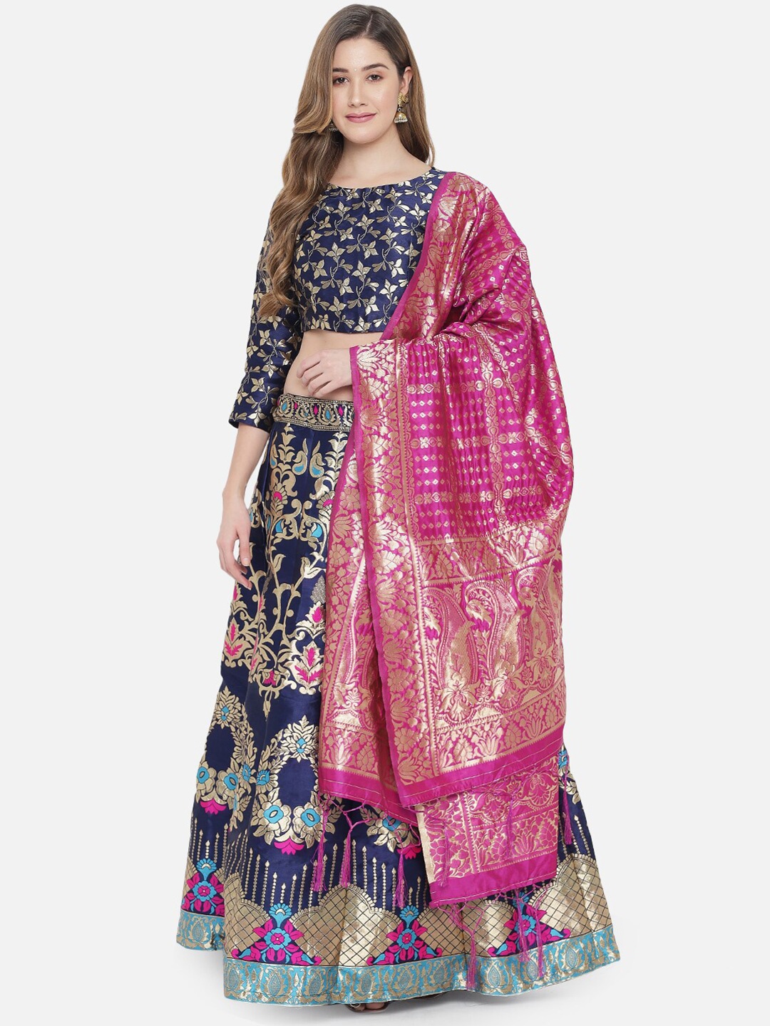 

DIVASTRI Navy Blue & Pink Ready to Wear Lehenga & Unstitched Blouse With Dupatta