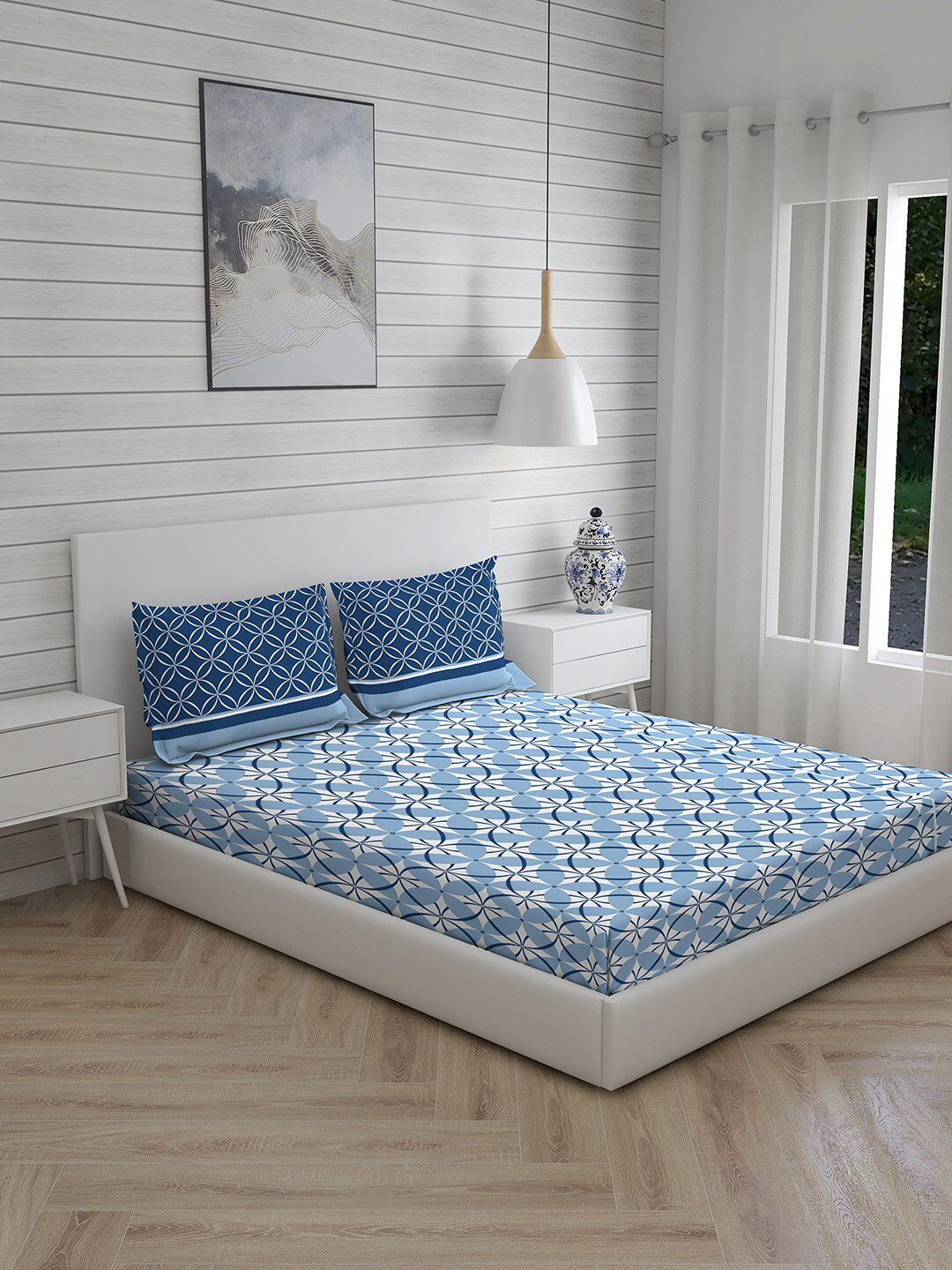 

Layers Blue Floral 230 TC Cotton Queen Bedsheet With 2 Pillow Covers
