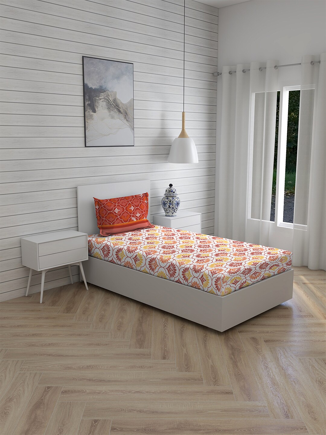 

Layers Orange & White Floral Single Siena Bedsheet with 1 Pillow Covers