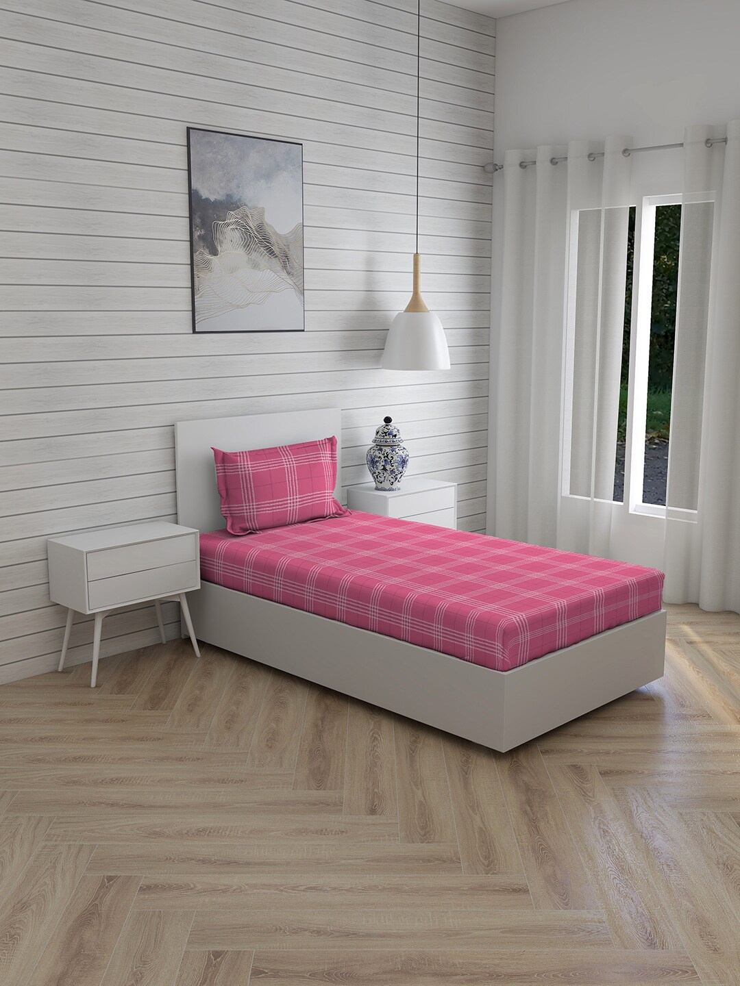 

Layers Pink & White Geometric Printed 144 TC Single Bedsheet with 1 Pillow Cover