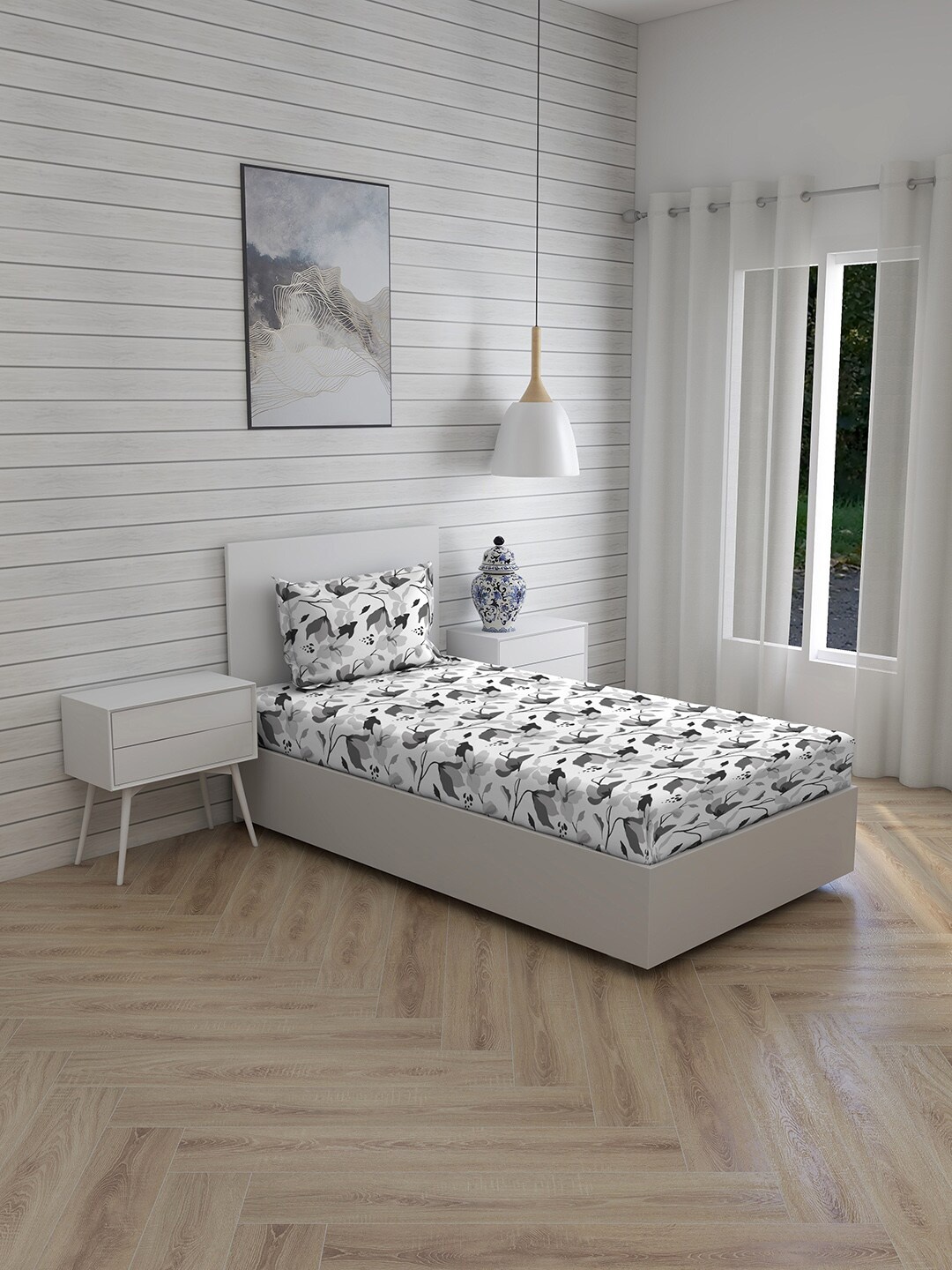 

Layers Grey & White Floral 144 TC Single Bedsheet with 1 Pillow Covers