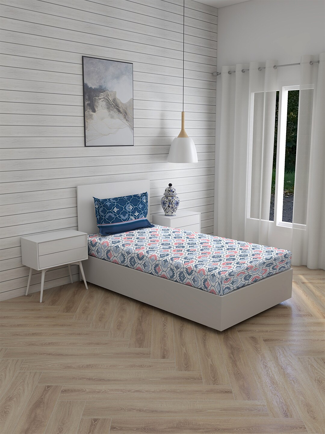 

Layers Blue & White Floral Single Bedsheet with 1 Pillow Covers