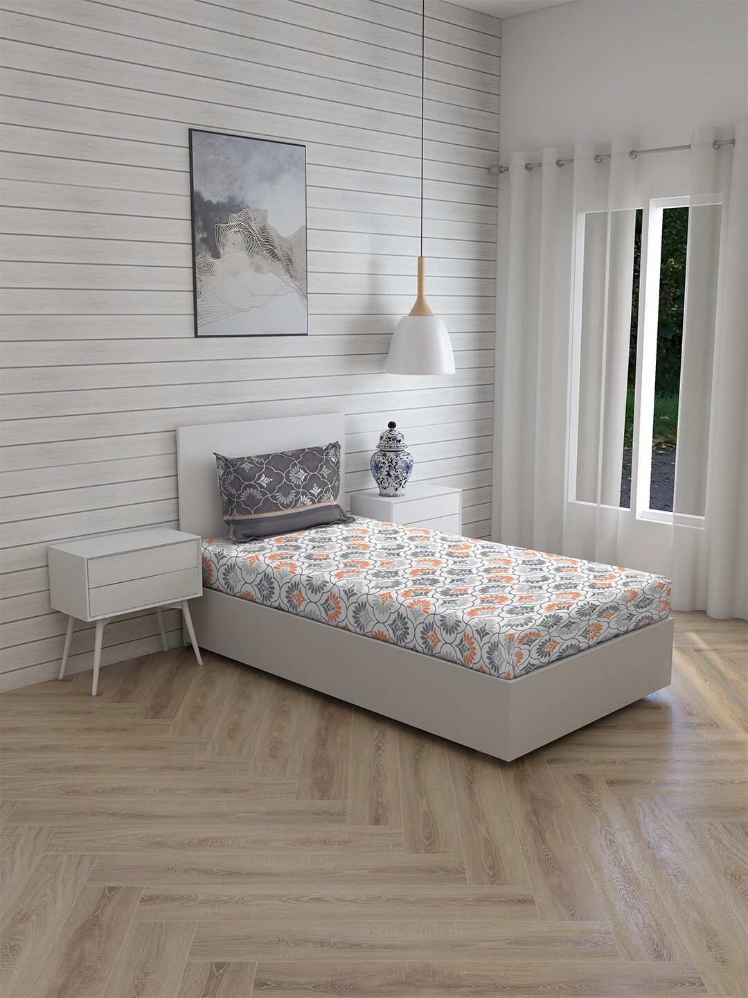 

Layers Grey & White Floral Single Bedsheet with 1 Pillow Covers
