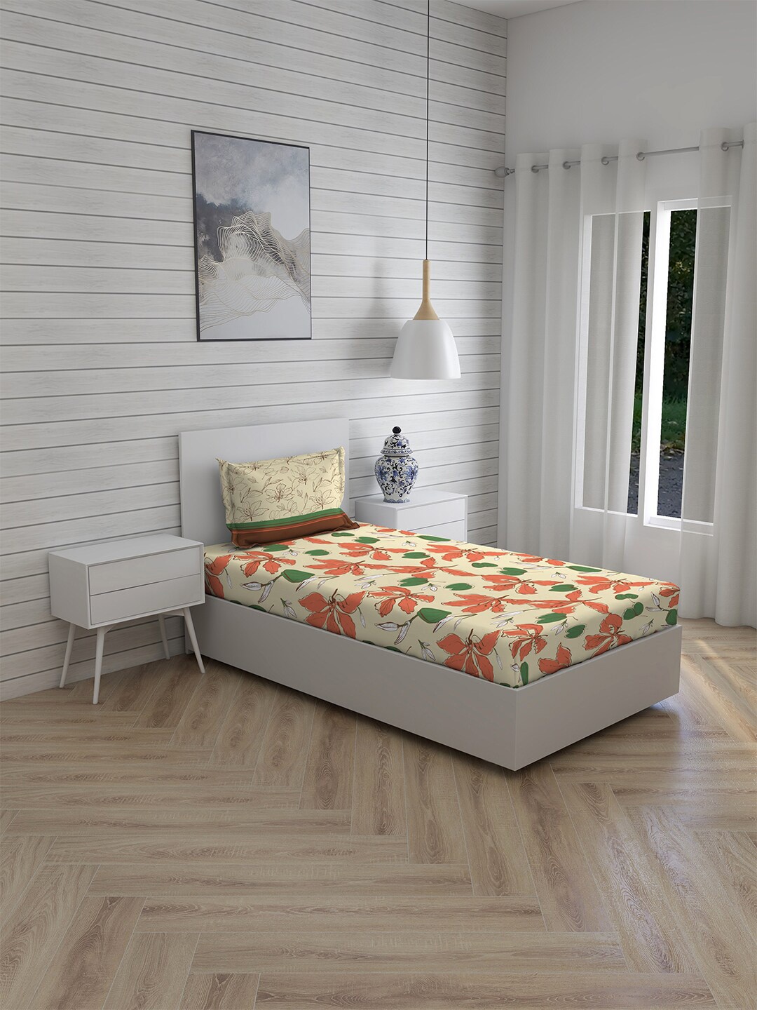 

Layers Yellow & Orange Floral Single Bedsheet with 1 Pillow Covers