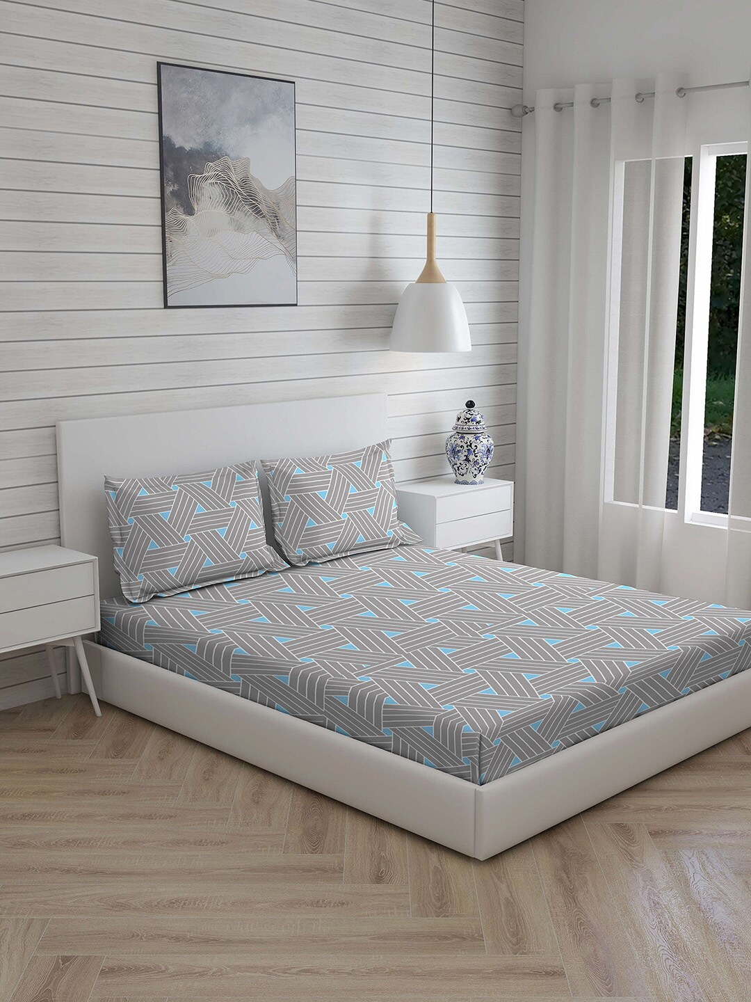 

Layers Grey & Blue Geometric California King Bedsheet with 2 Pillow Covers
