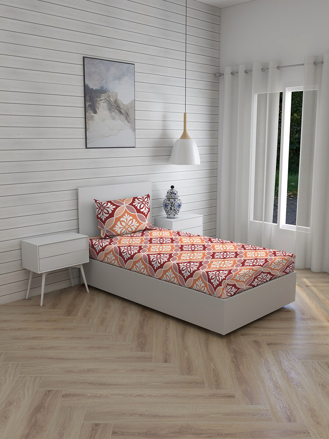 

Layers Orange & Maroon Ethnic Motifs 144 TC Single Bedsheet with 1 Pillow Cover