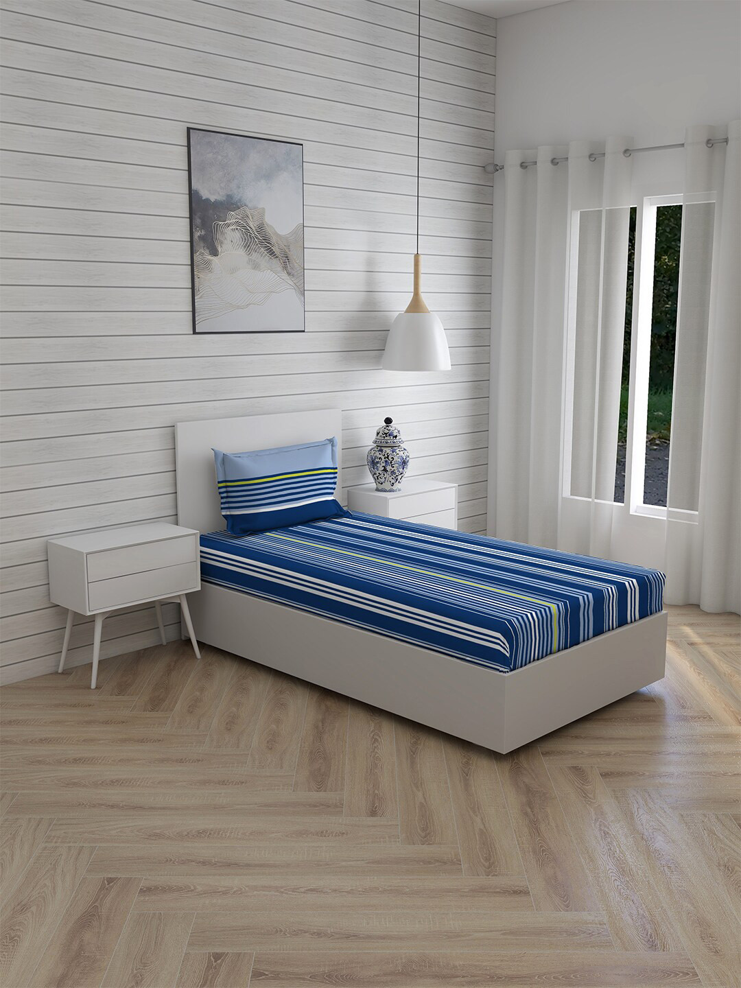 

Layers Blue & White Striped Single Bedsheet with 1 Pillow Covers