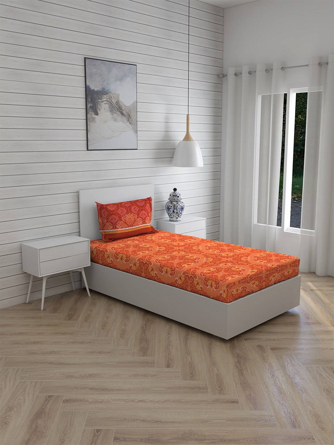 

Layers White & Orange Printed 230 TC Single Bedsheet With 1 Pillow Cover