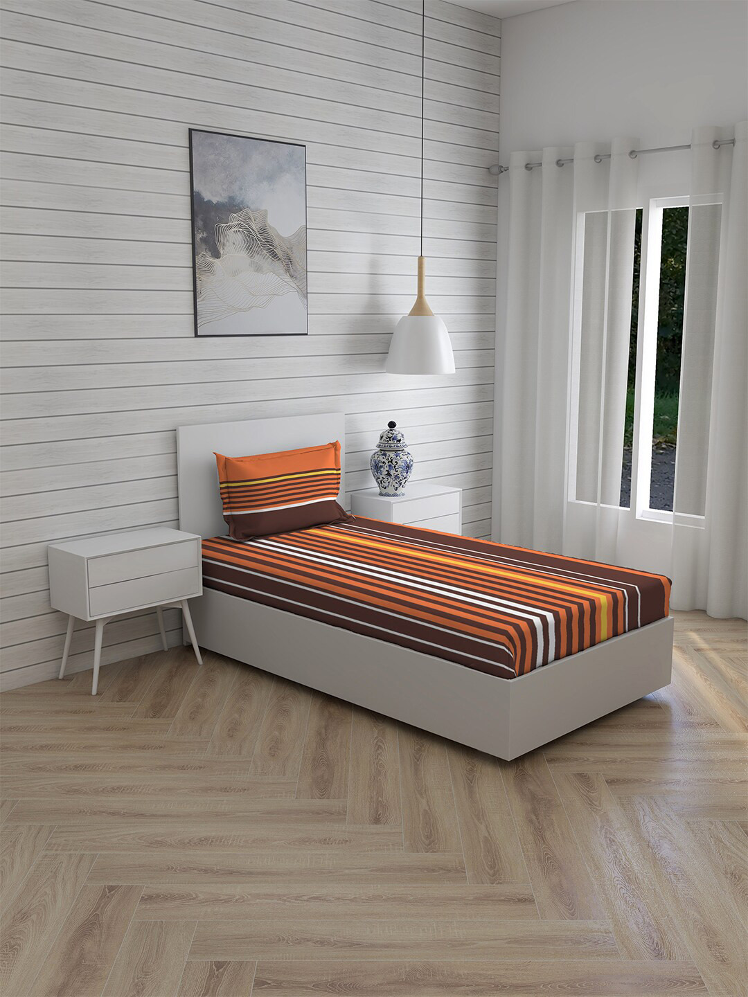 

Layers Orange & Brown Striped Single Bedsheet with 1 Pillow Cover