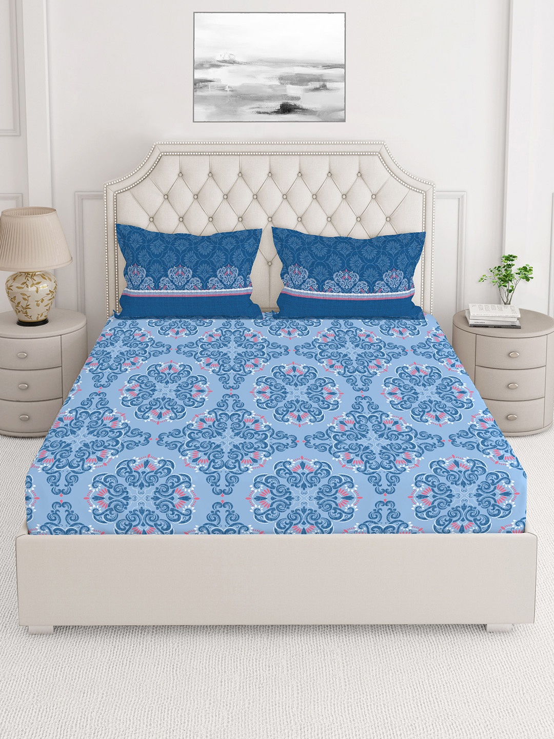 

Layers Blue & Pink Ethnic Motifs 230 TC Queen Bedsheet with 2 Pillow Covers