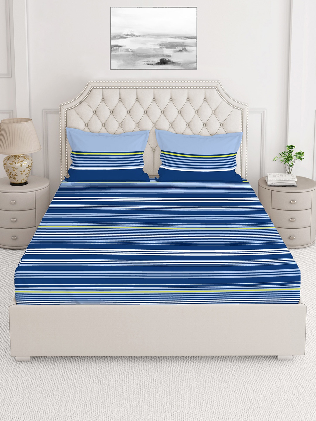 

Layers Blue Striped 230 TC Queen Bedsheet With 2 Pillow Covers