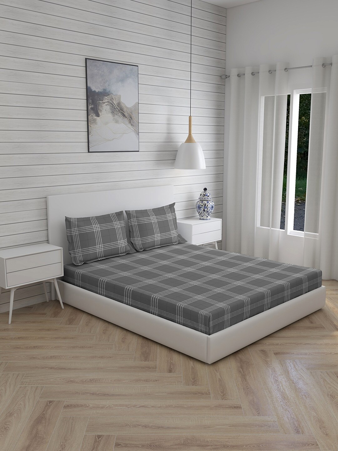 

Layers Grey & White Geometric 144 TC King Bedsheet with 2 Pillow Covers