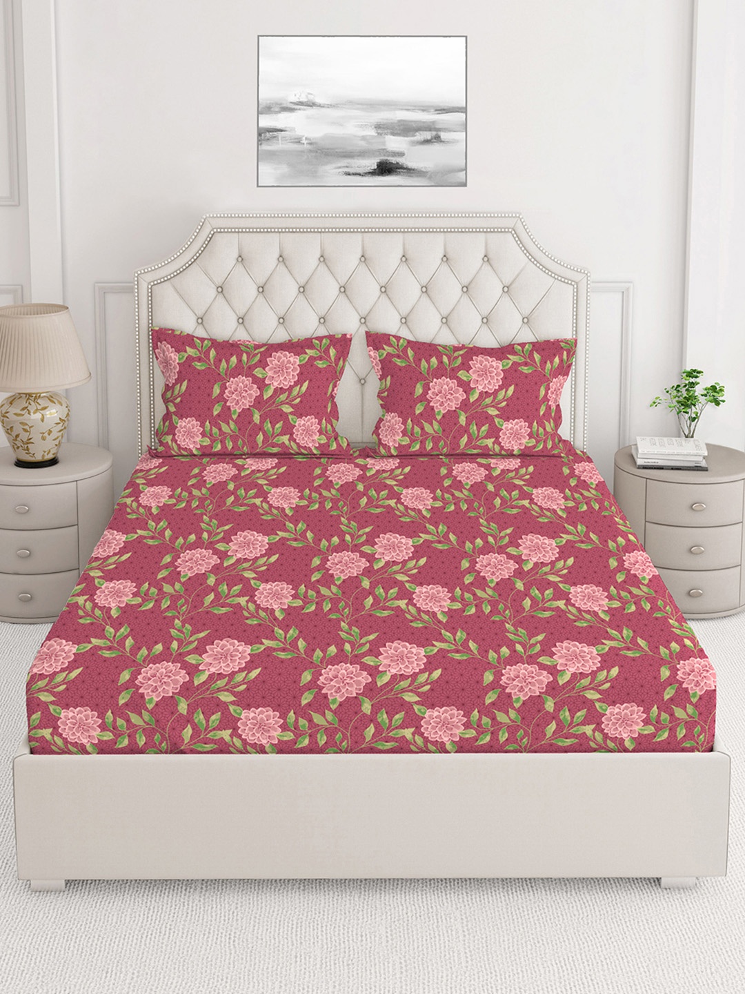 

Layers Pink & Green Floral California King Bedsheet with 2 Pillow Covers