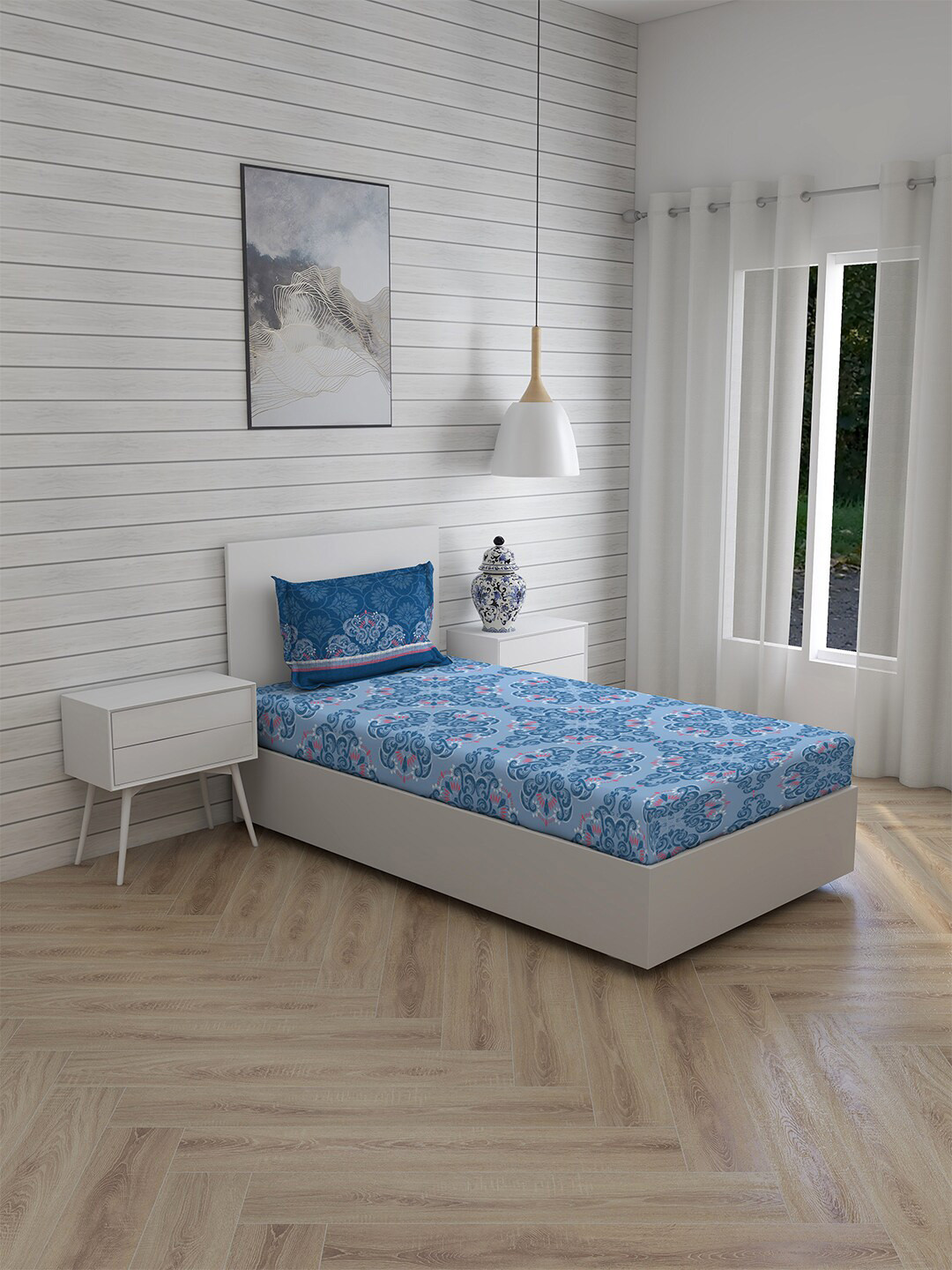 

Layers Blue & Peach-Coloured Floral Single Bedsheet with 1 Pillow Covers