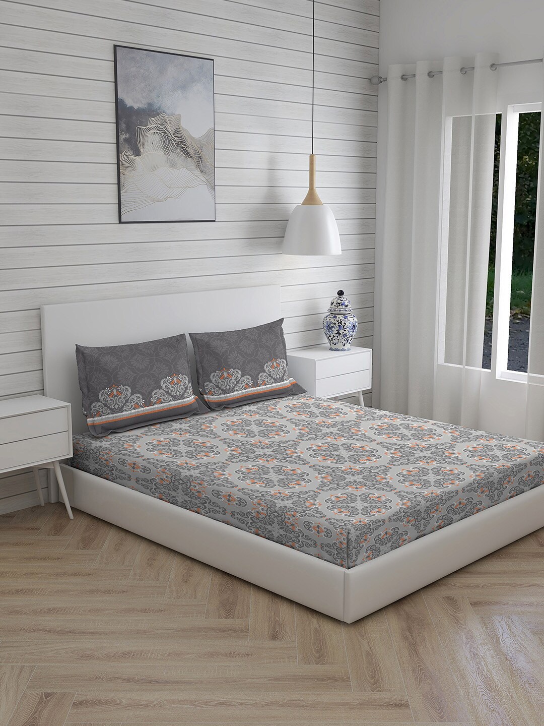 

Layers Grey Floral 230 TC Queen Bedsheet with 2 Pillow Covers