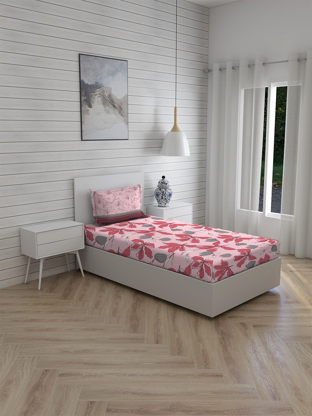 

Layers Pink & Grey Floral Single Bedsheet with 1 Pillow Covers