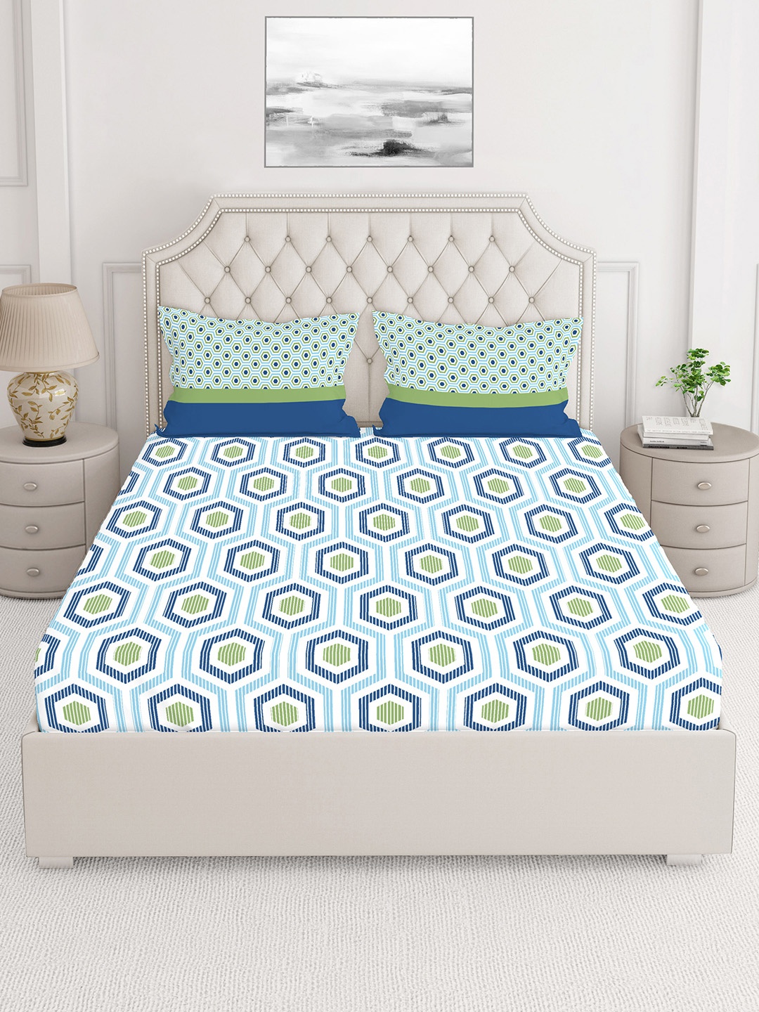 

Layers Green & Blue 230 TC Geometric Queen Bedsheet with 2 Pillow Covers