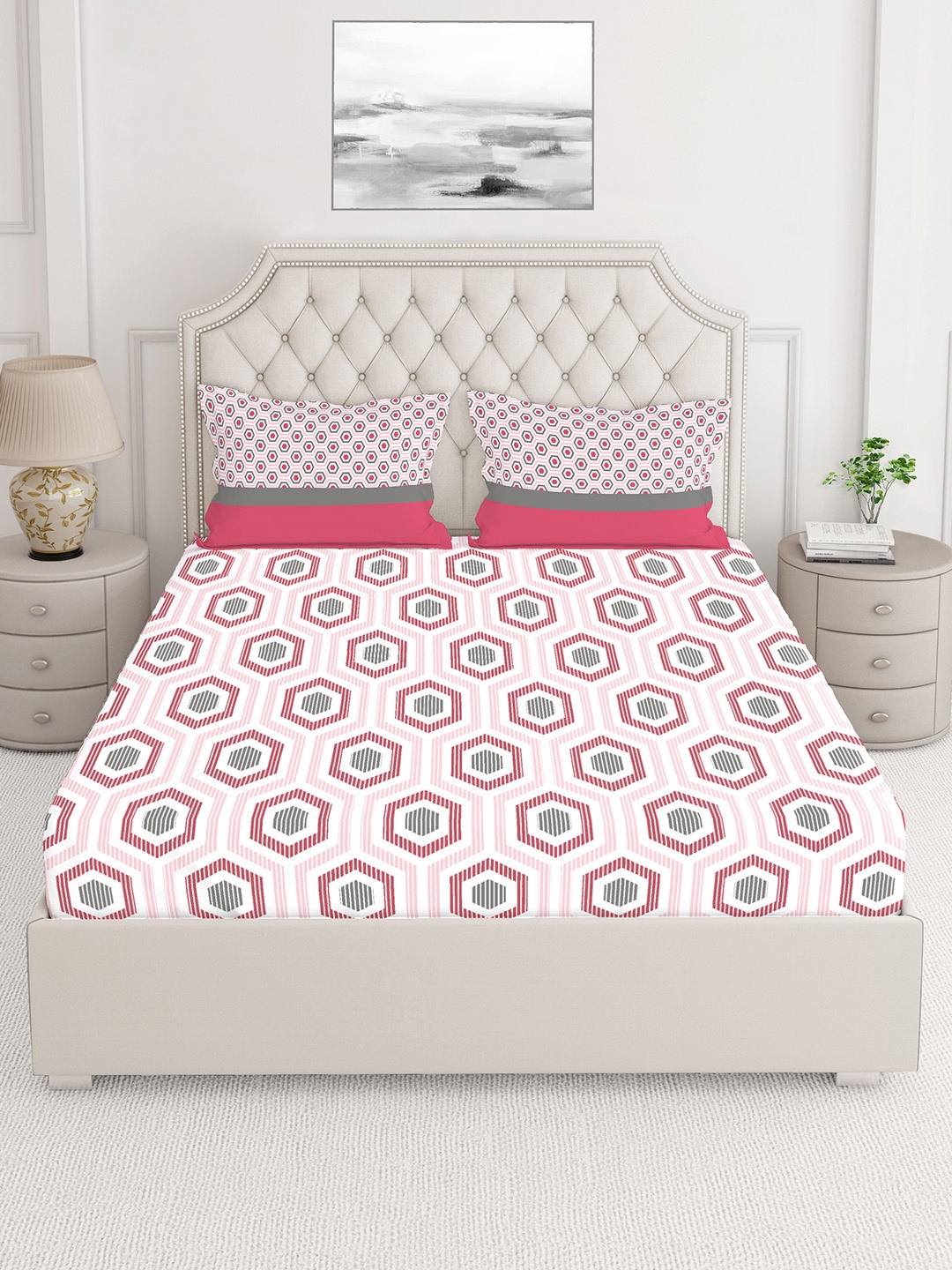 

Layers Pink Geometric 230 TC Queen Bedsheet With 2 Pillow Covers