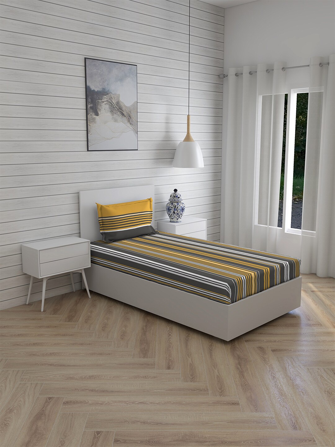 

Layers Yellow & White Striped Single Bedsheet with 1 Pillow Covers
