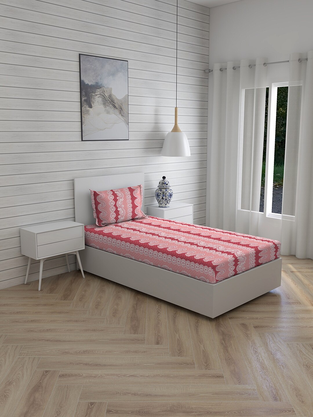 

Layers Pink & White Ethnic Motifs 144 TC Single Bedsheet with 1 Pillow Covers