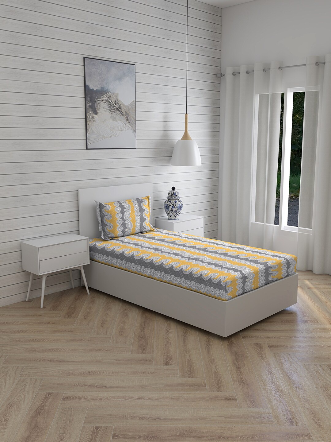 

Layers Yellow & White Floral 144 TC Pistoia Single Bedsheet with 1 Pillow Covers