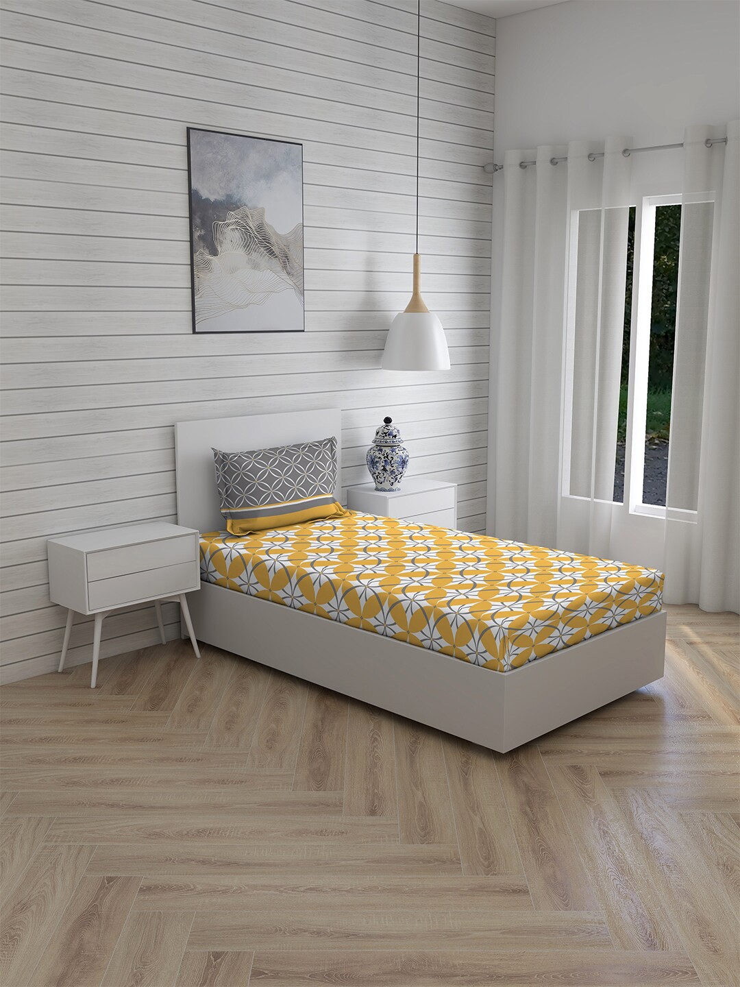 

Layers Yellow & White Floral Printed 230 TC Single Bedsheet with 1 Pillow Cover