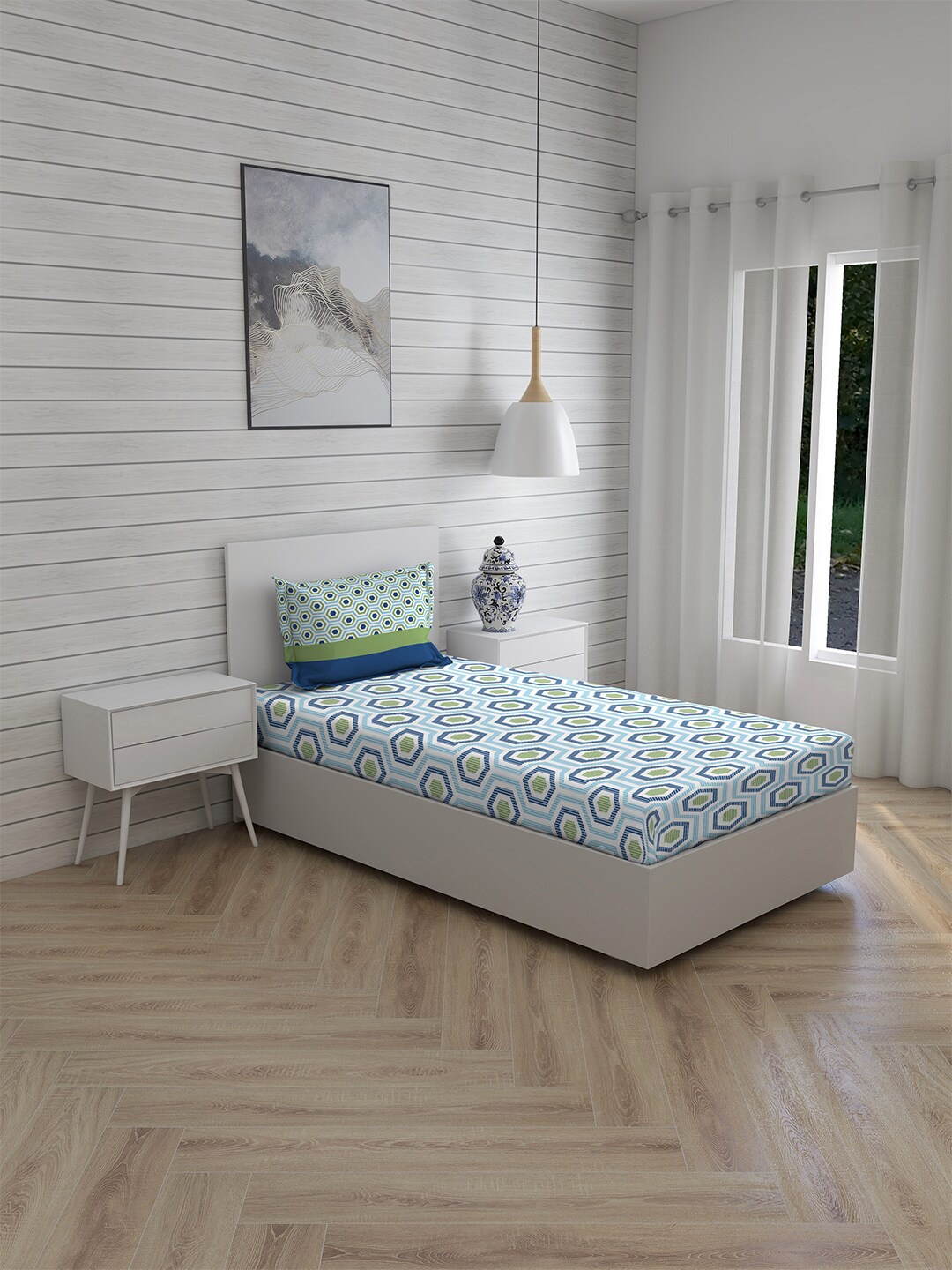 

Layers Blue & White Geometric 230 TC Single Bedsheet with 1 Pillow Covers