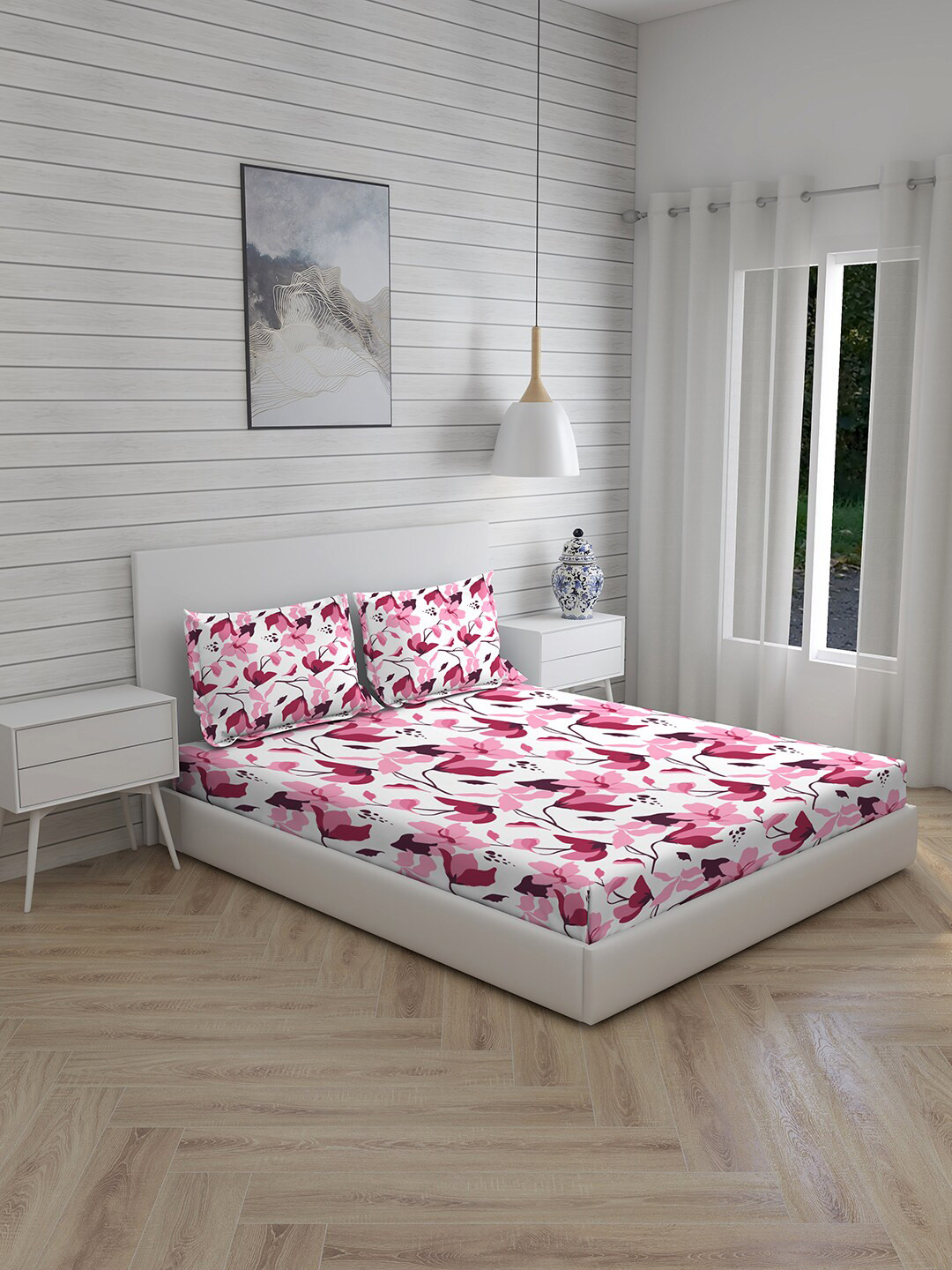 

Layers Pink & White Floral 144 TC King Bedsheet with 2 Pillow Covers