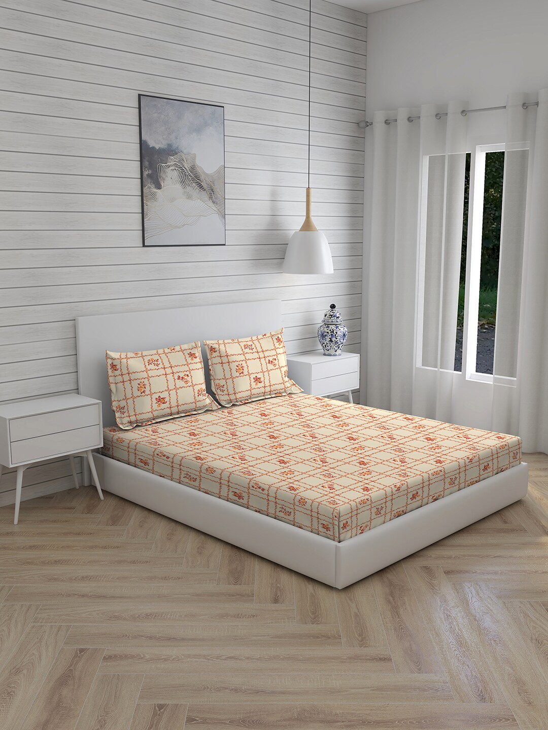 

Layers Beige & Orange Floral 144 TC King Bedsheet with 2 Pillow Covers