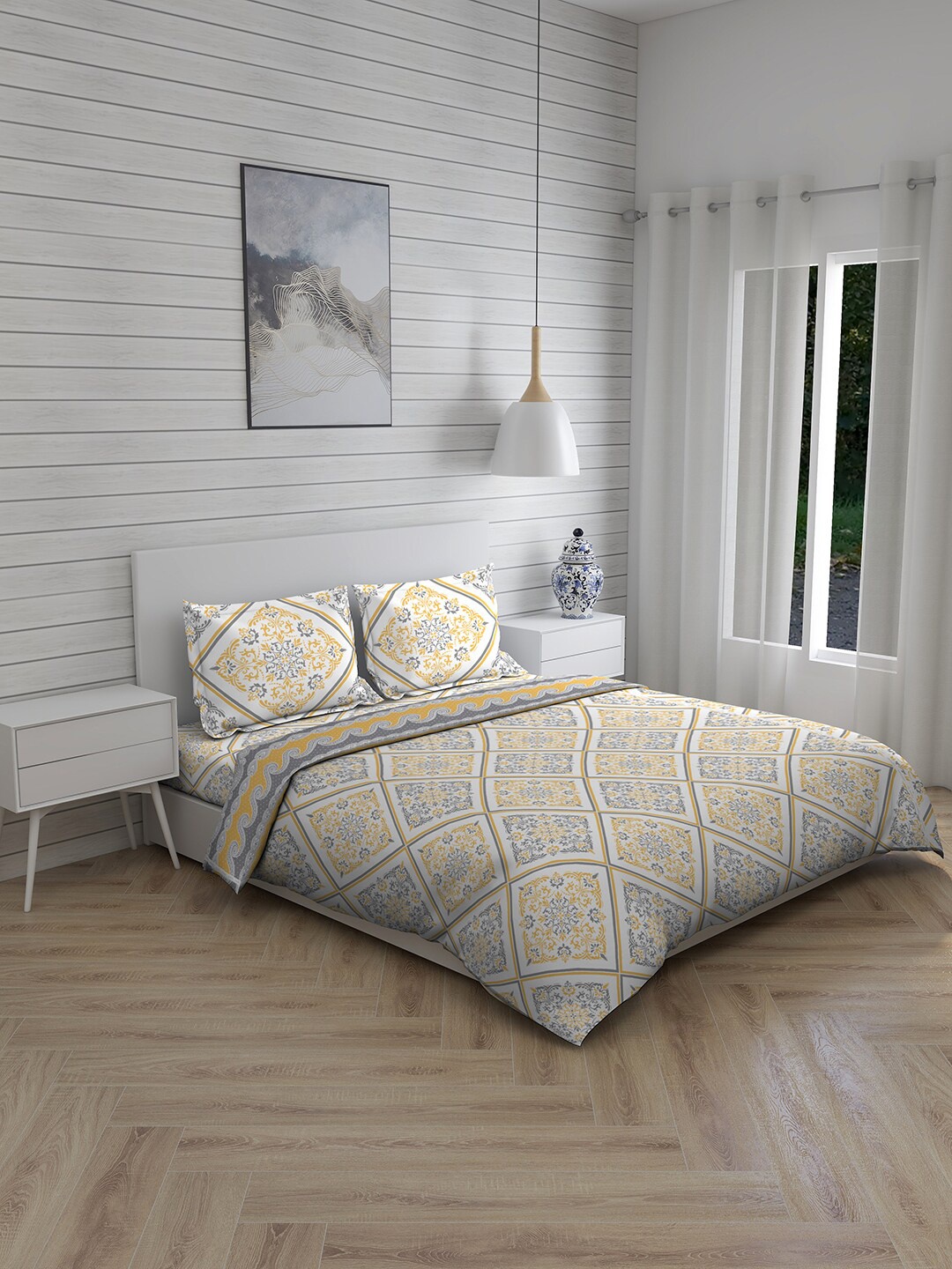 

Layers Yellow & Grey Printed Double King Pure Cotton Bedding Set