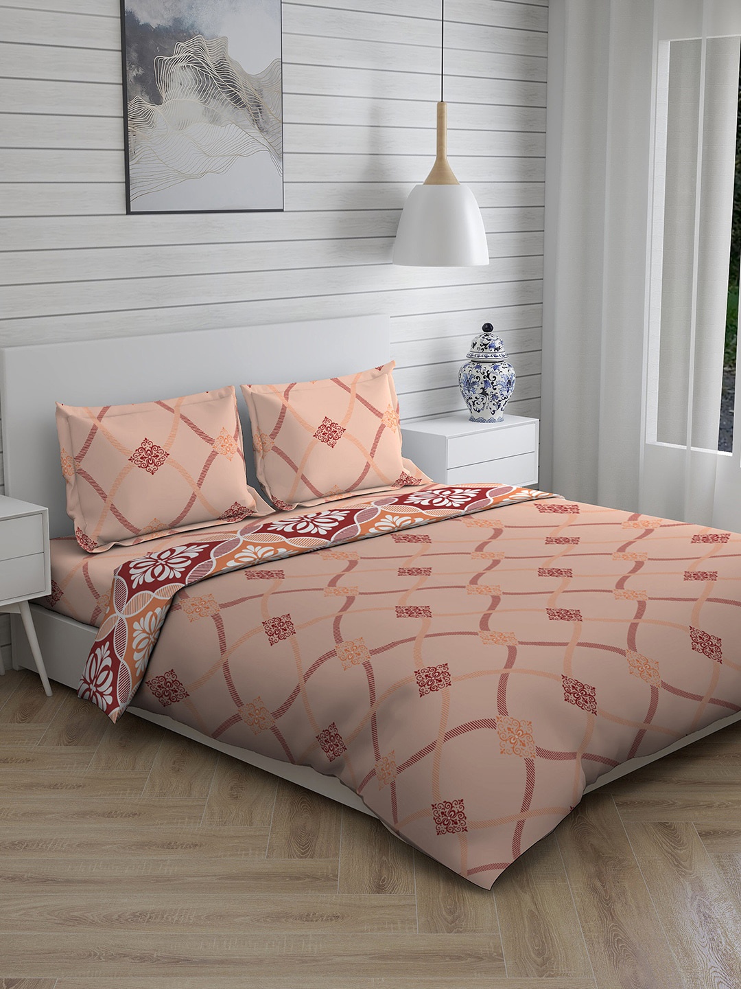 

Layers Orange & Brown Printed Pure Cotton Double Queen Bedding Set