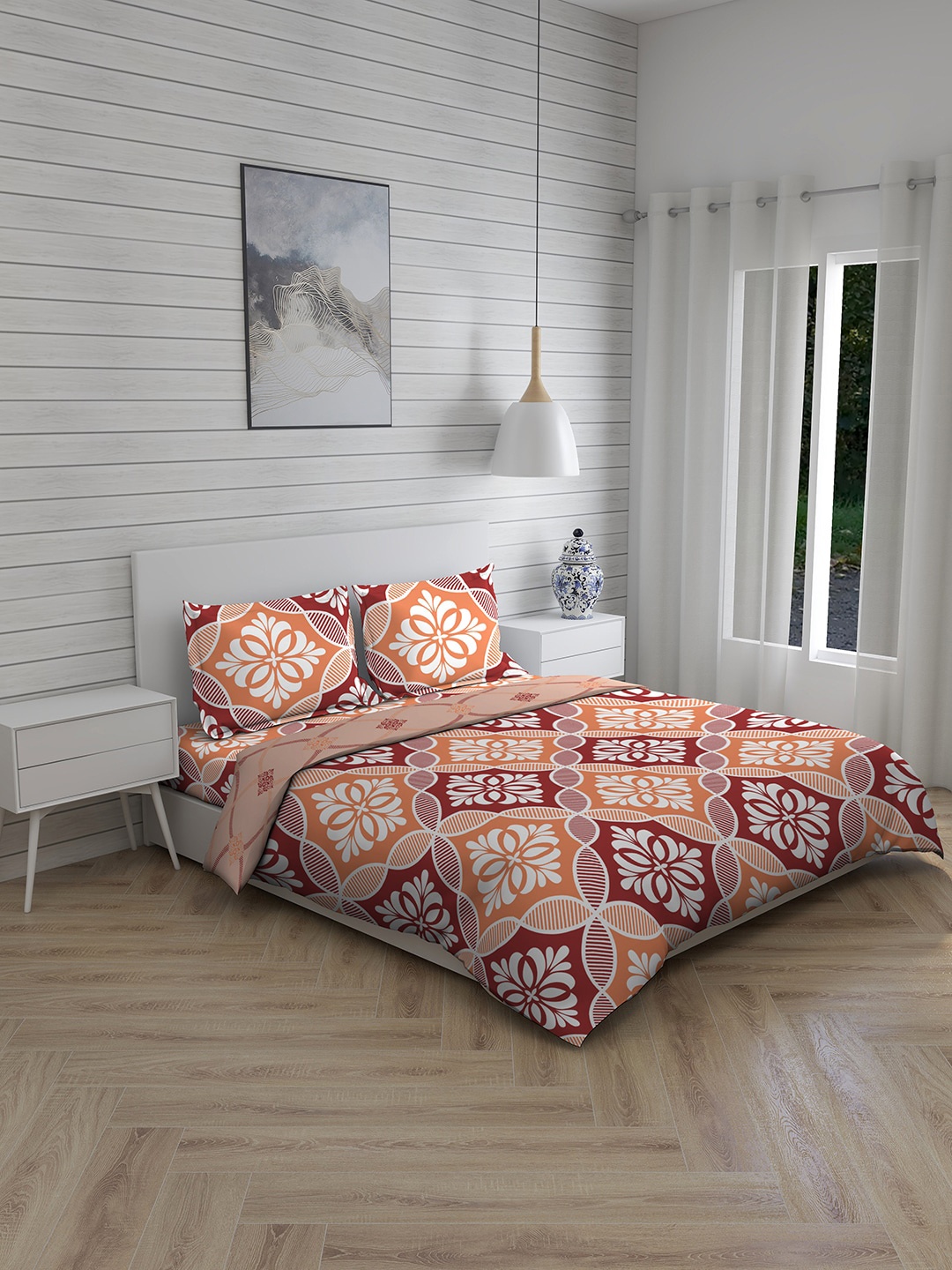 

Layers Orange & Maroon Ethnic Motifs Printed Cotton Bedding Set