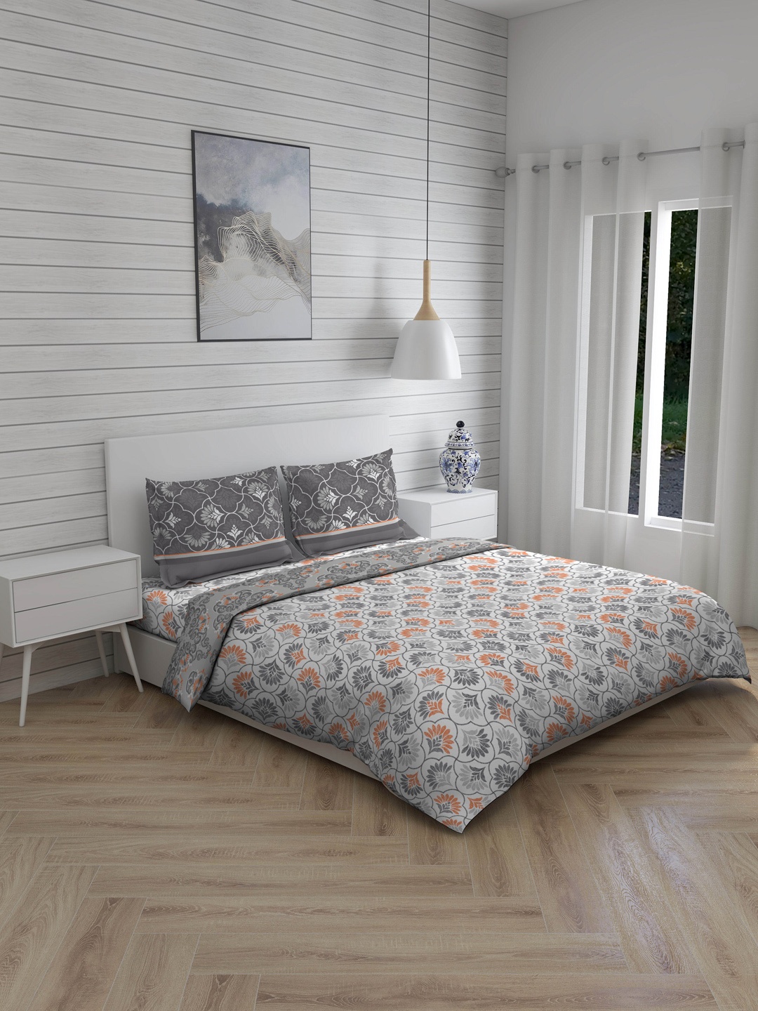 

Layers Grey Floral Printed Bedding Set