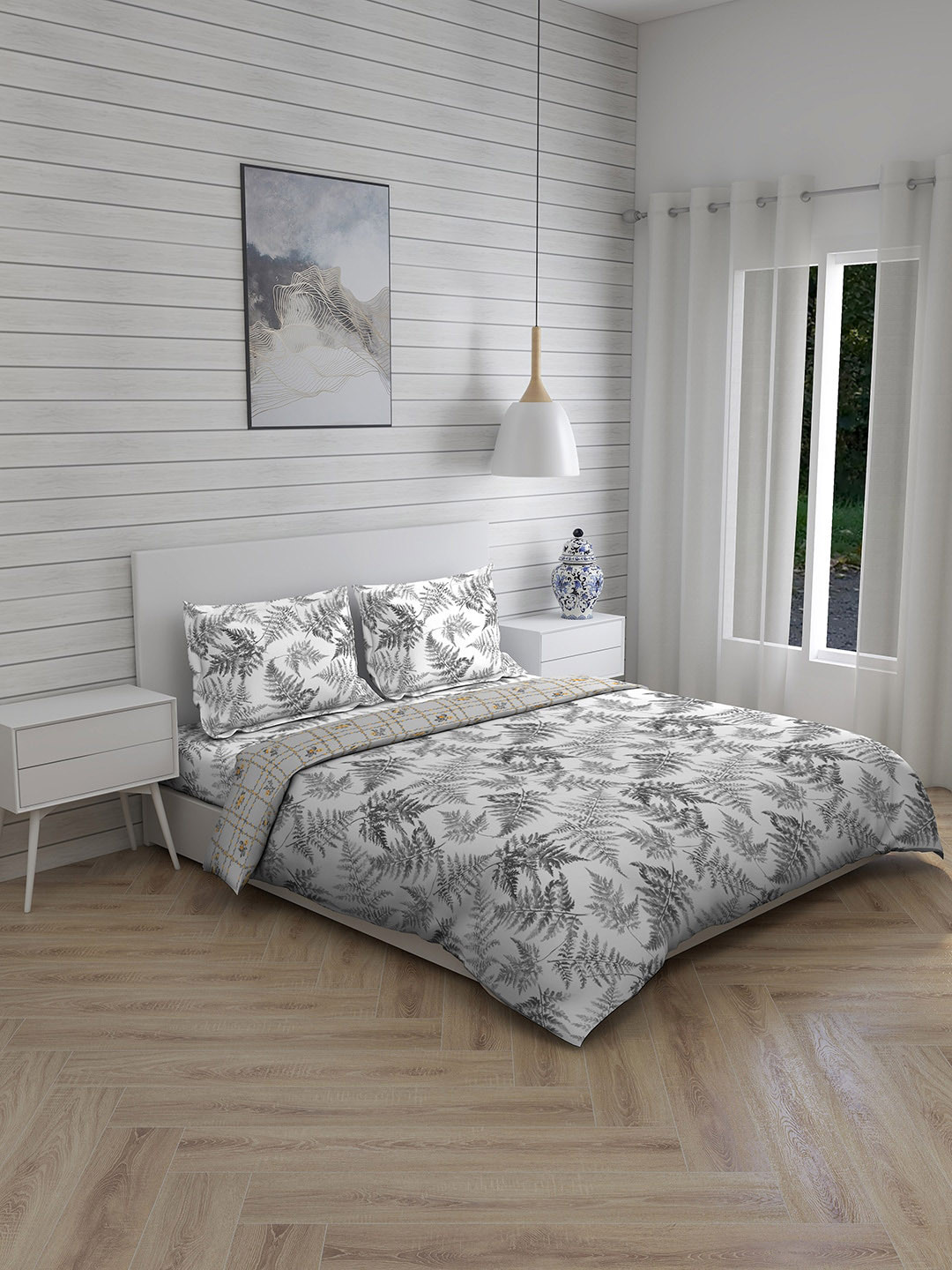 

Layers Grey & White Double Queen Floral Printed Cotton Bed Sheet Pillow Covers & Comforter