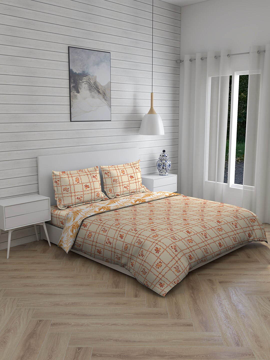 

Layers Beige Floral AC Room Double King Bed Comforter & Bedsheets Set