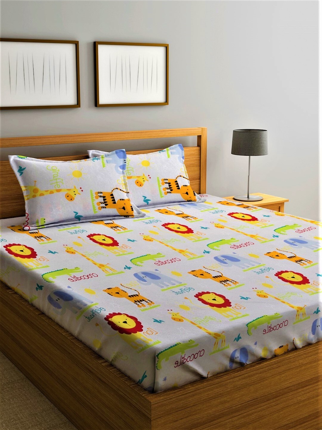 

Home Sizzler White & Orange Cartoon Characters 210TC Queen 1 Bedsheet with 2 Pillow Covers