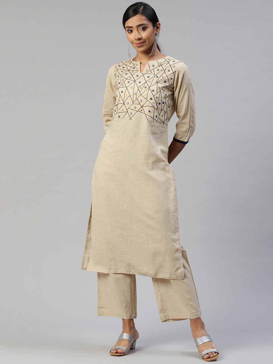 

SVARCHI Women Beige Pure Cotton Embroidered Thread Work Kurta with Palazzos