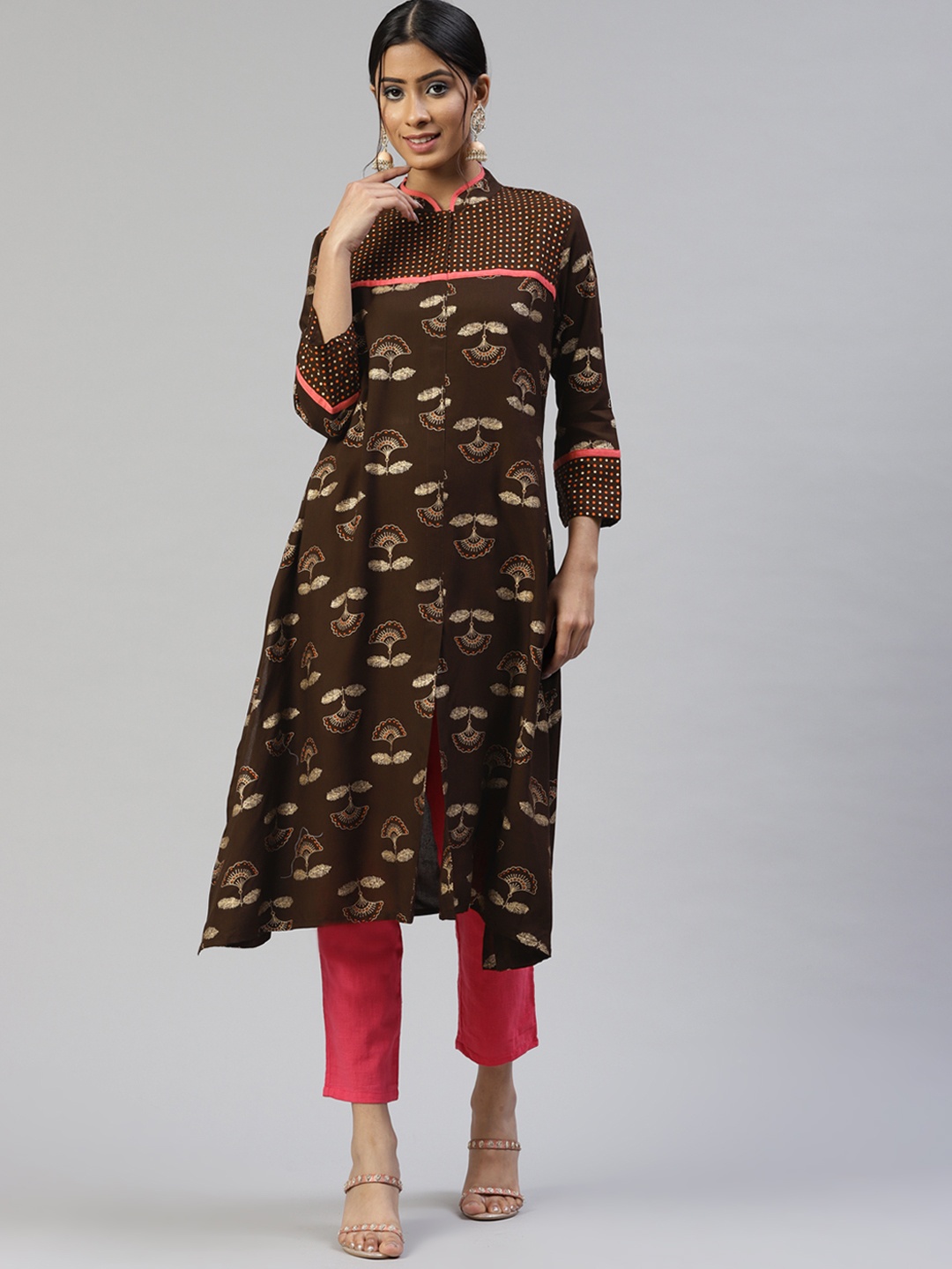 

SVARCHI Women Coffee Brown & Golden Ethnic Motifs Printed A-Line Kurta