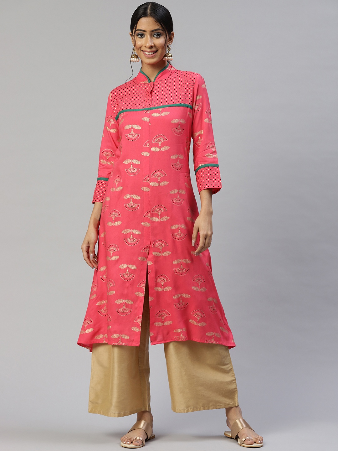 

SVARCHI Women Coral & Golden Ethnic Motifs Printed A-Line Kurta