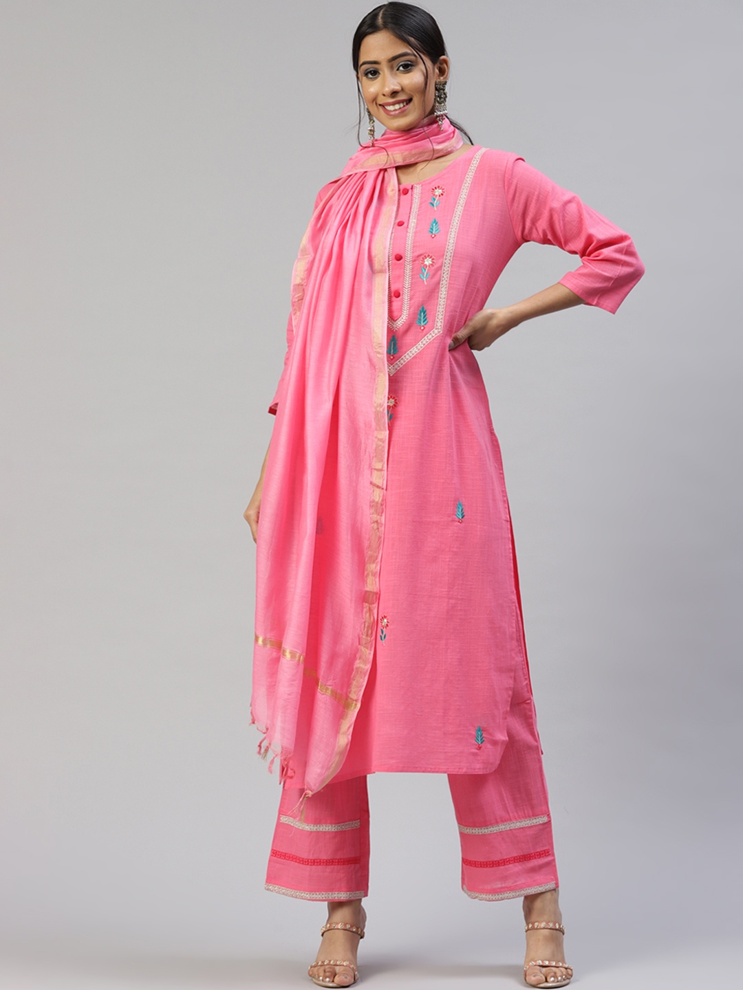 

SVARCHI Women Pink Pure Cotton Embroidered Kurta with Palazzos & Dupatta