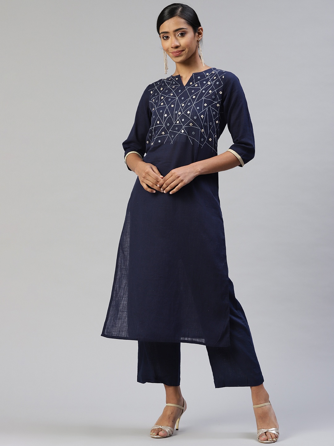 

SVARCHI Women Navy Blue Pure Cotton Embroidered Thread Work Kurta with Palazzos
