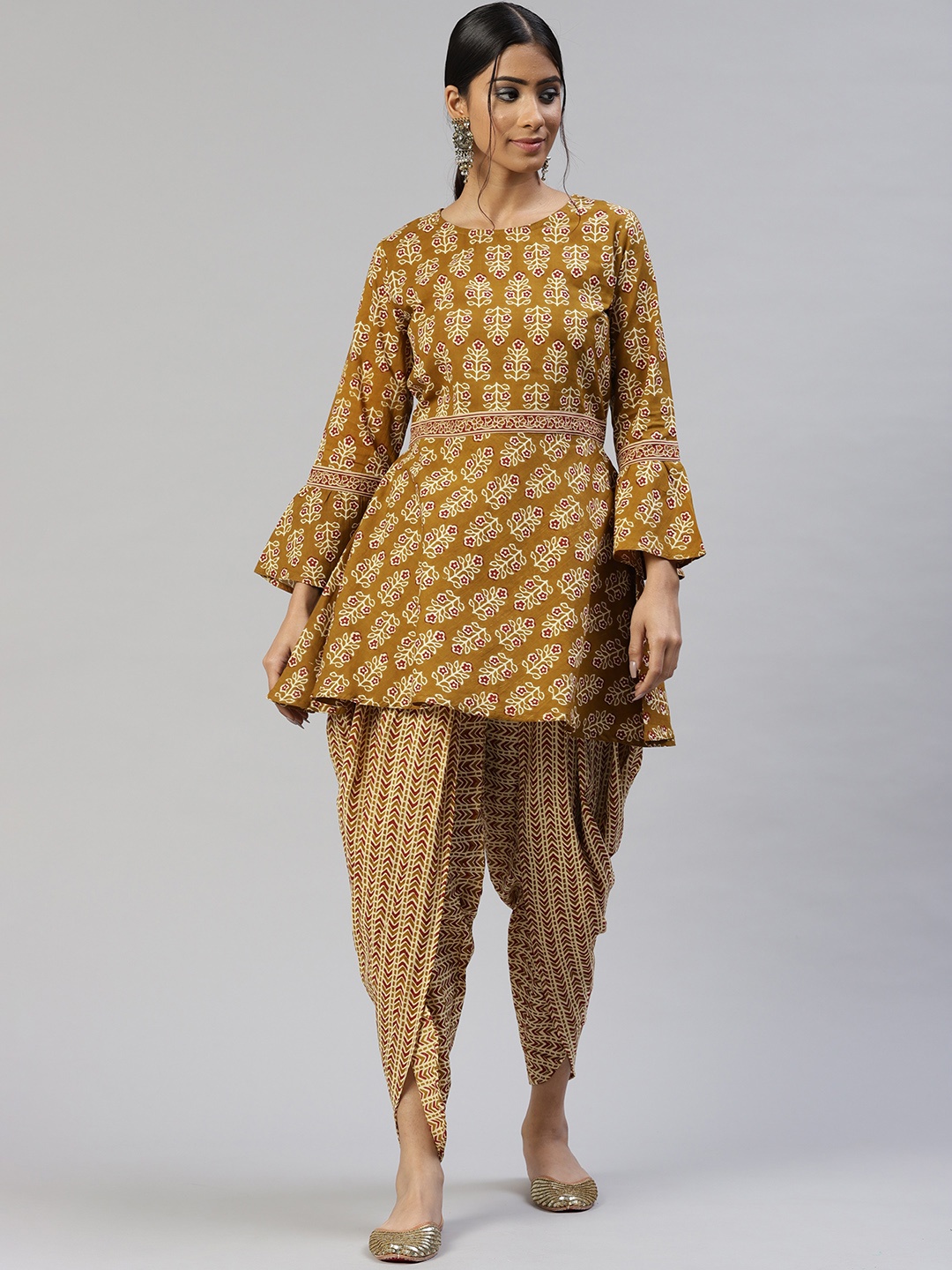 

SVARCHI Women Mustard Yellow Pure Cotton Ethnic Motifs Printed Kurta with Dhoti Pants