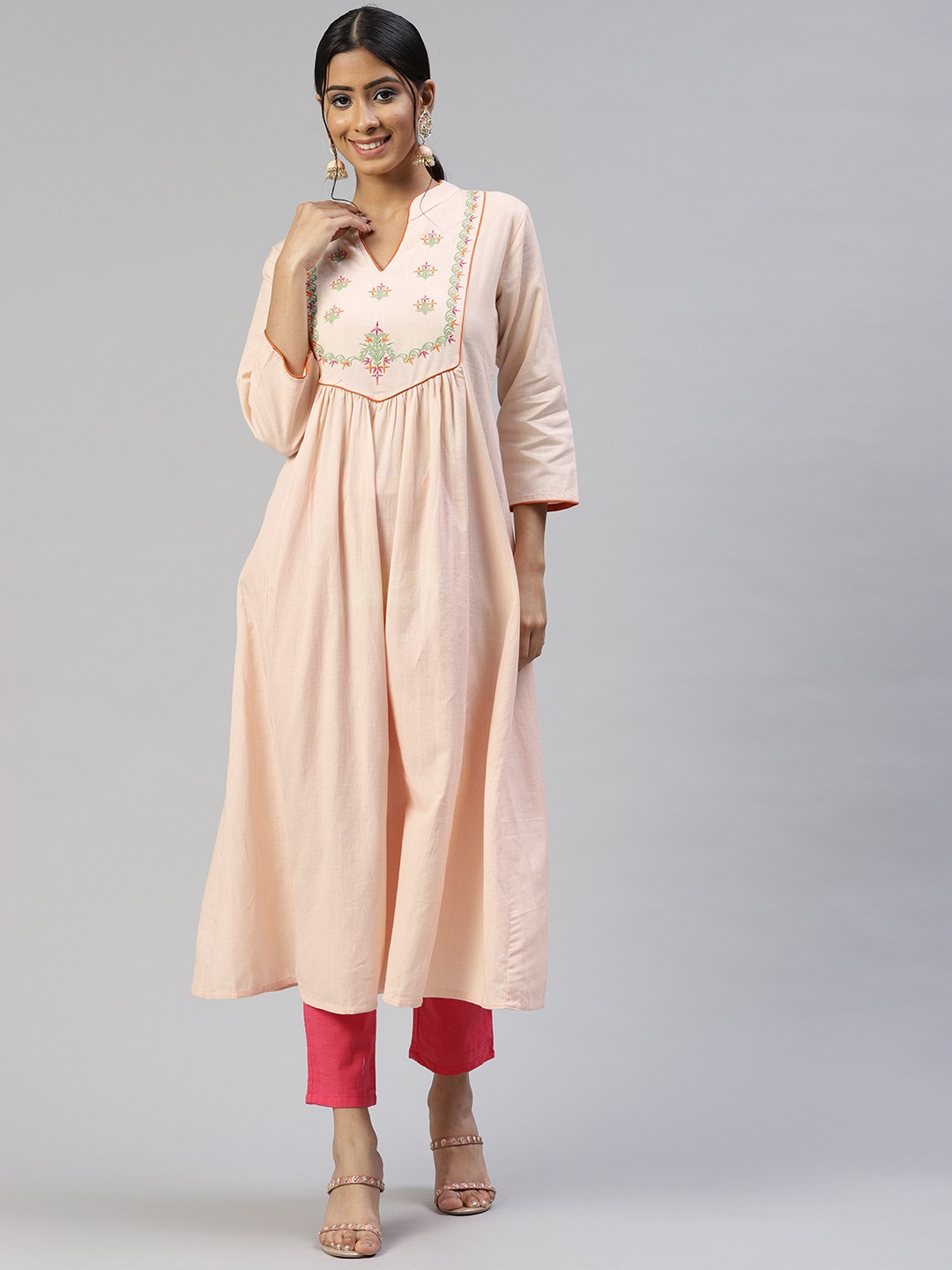 

SVARCHI Women Light Pink Embroidered Yoke Design A-Line Kurta