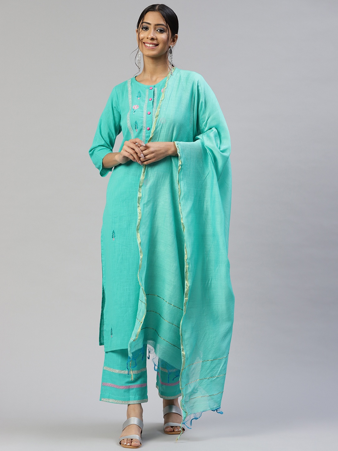 

SVARCHI Women Turquoise Blue Pure Cotton Embroidered Kurta with Palazzos & Dupatta