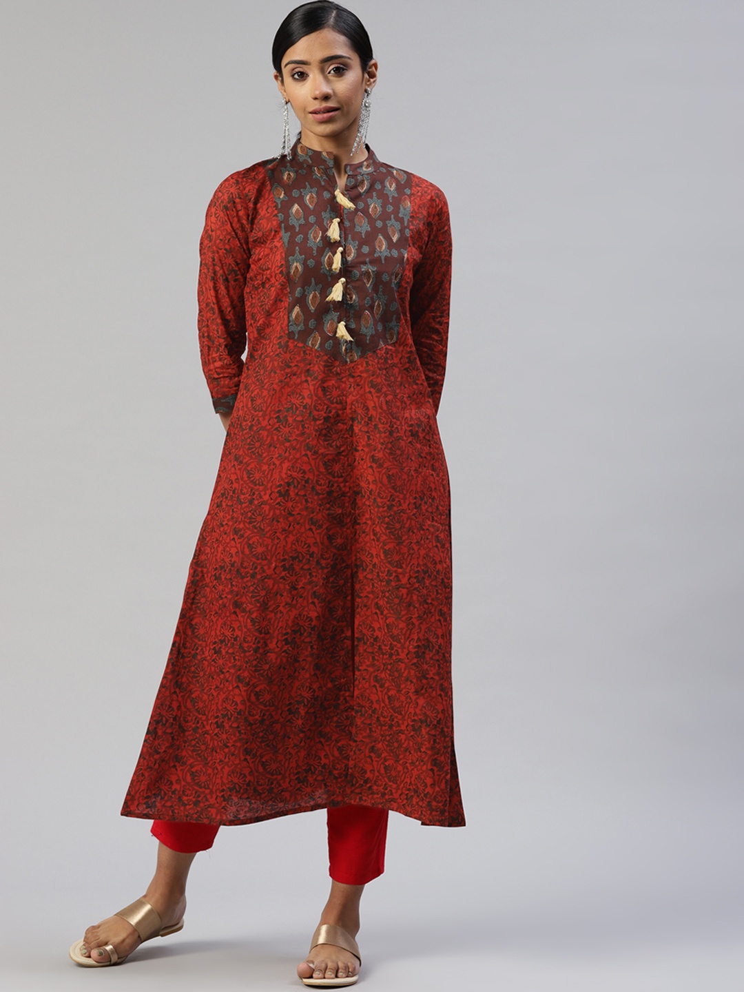 

SVARCHI Women Maroon Cotton Ethnic Motifs Printed A-Line Kurta