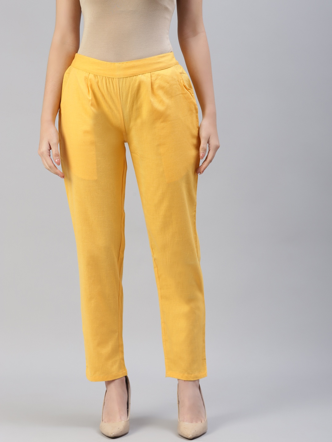 

SVARCHI Women Yellow Solid Pleated Trousers