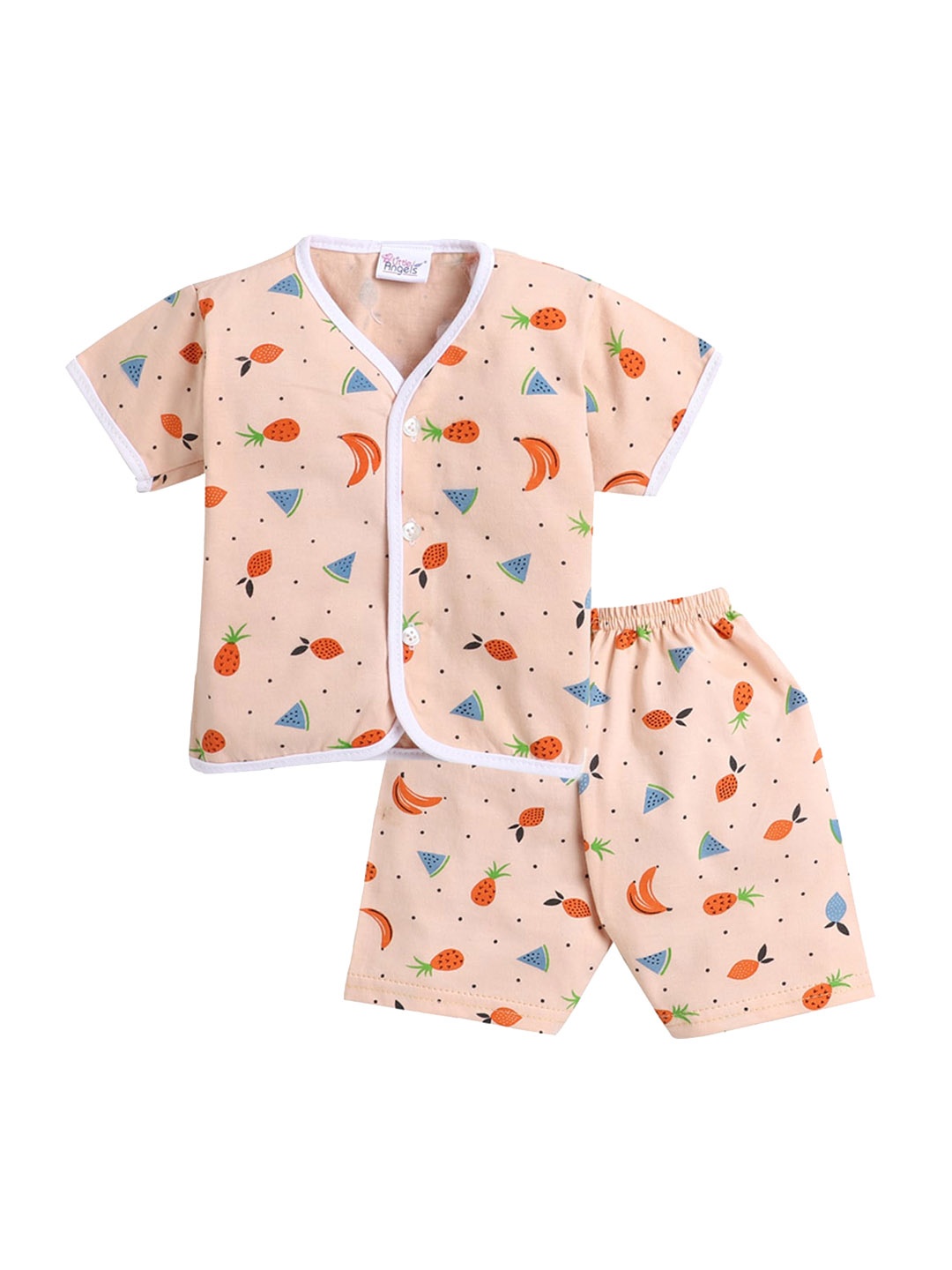 

Little Angels Kids Peach-Coloured Printed Cotton Jhabla with Shorts